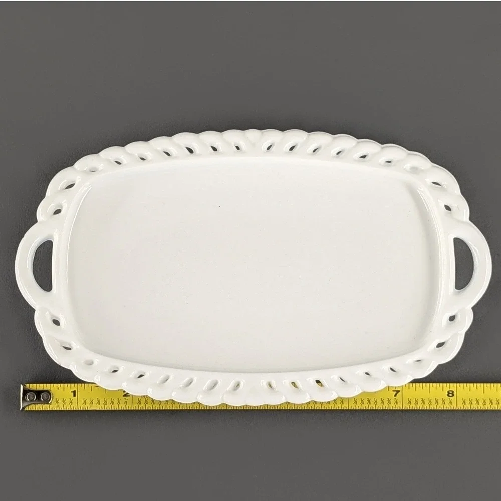 Vintage White Milk Glass Reticulated Edge Serving Tray Platter 8.75x5.25
